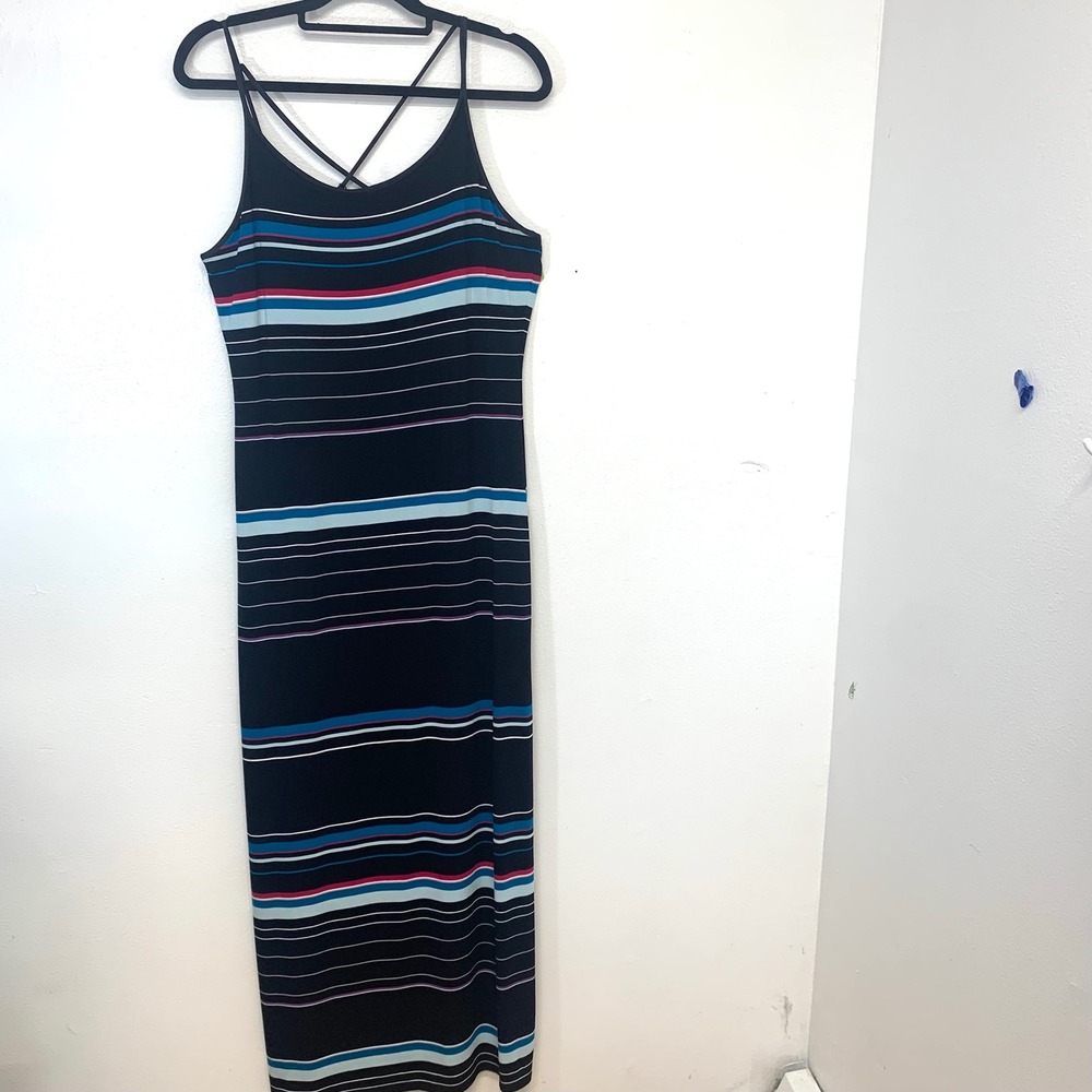 WHBM  Striped Maxi Sun Dress  Black  Stripe Size‎ M Cross Back Stretch Vacation